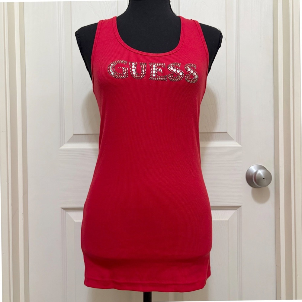 NEW Guess Ribbed Rhinestone Tank Top Red S M L VTG Y2K McBling 2000s Deadstock